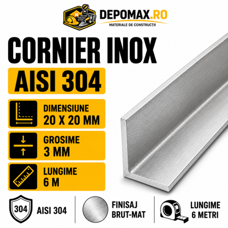 Cornier inox AISI 304, 20 x 20 x 3 mm, 6 metri